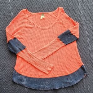 We The Free Coral Waffle Long Sleeve with Blue Trim